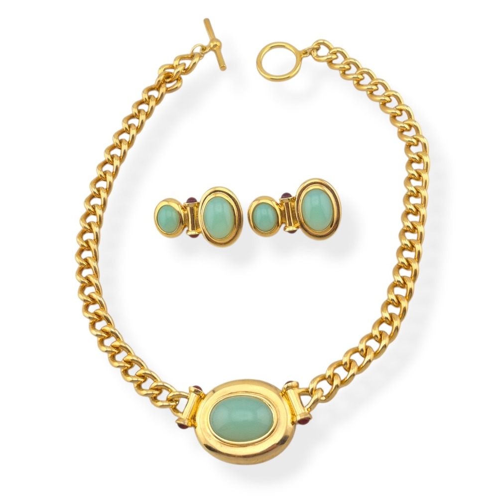 Elizabeth Taylor for Avon Necklace Earrings Set Vintage Jade Red Gold Tone 1995